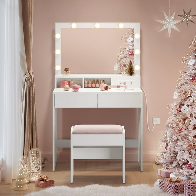 VASAGLE Vanity Desk with Power Outlets, Makeup Vanity with Mirror and Lights, with Upholstered Vanity Stool, 9 Dimmable LED Lights, 2 Compartments, 2 Drawers, for Bedroom, Cloud White