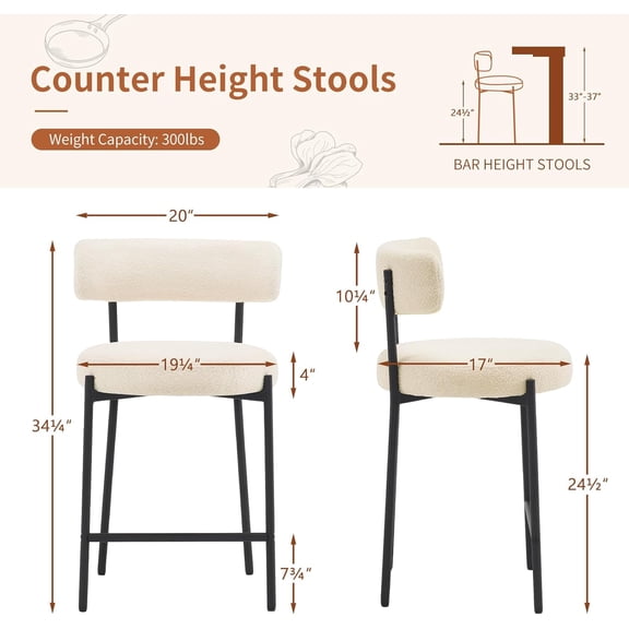 24'' Bar Stools Set of 2, Modern Boucle Counter Height Bar Stools with Curved Back and Black Metal Frame, Upholstered Kitchen Stools, Barstools for Kitchen Island, Bar, White