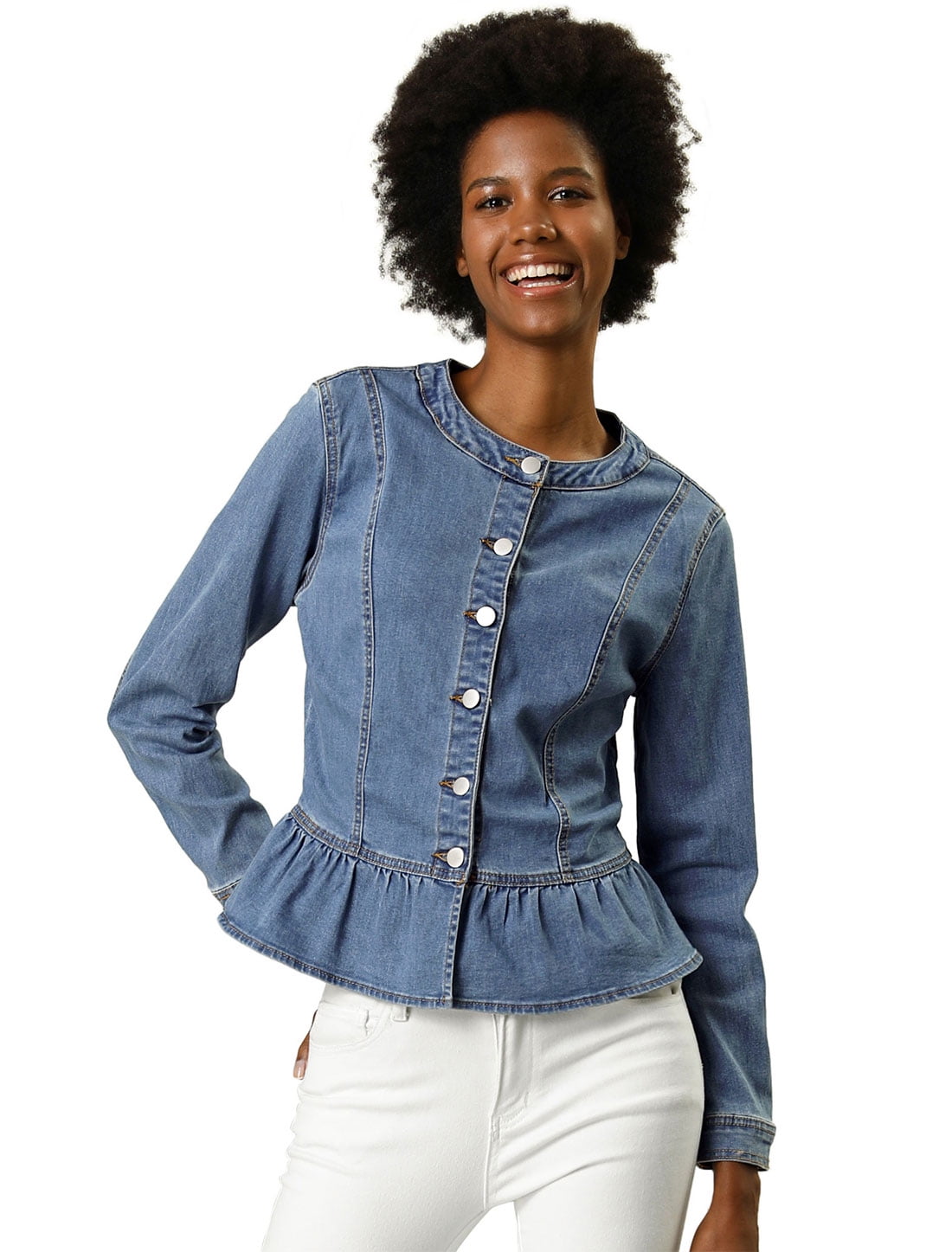 Allegra K Women's Round Neck Collarless 