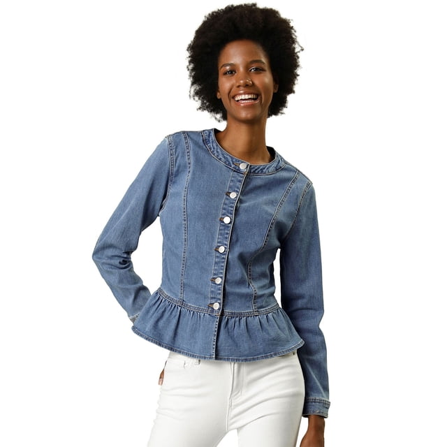 Chaqueta de mezclilla Allegra K con cuello redondo y botones para mujer Azul claro M
