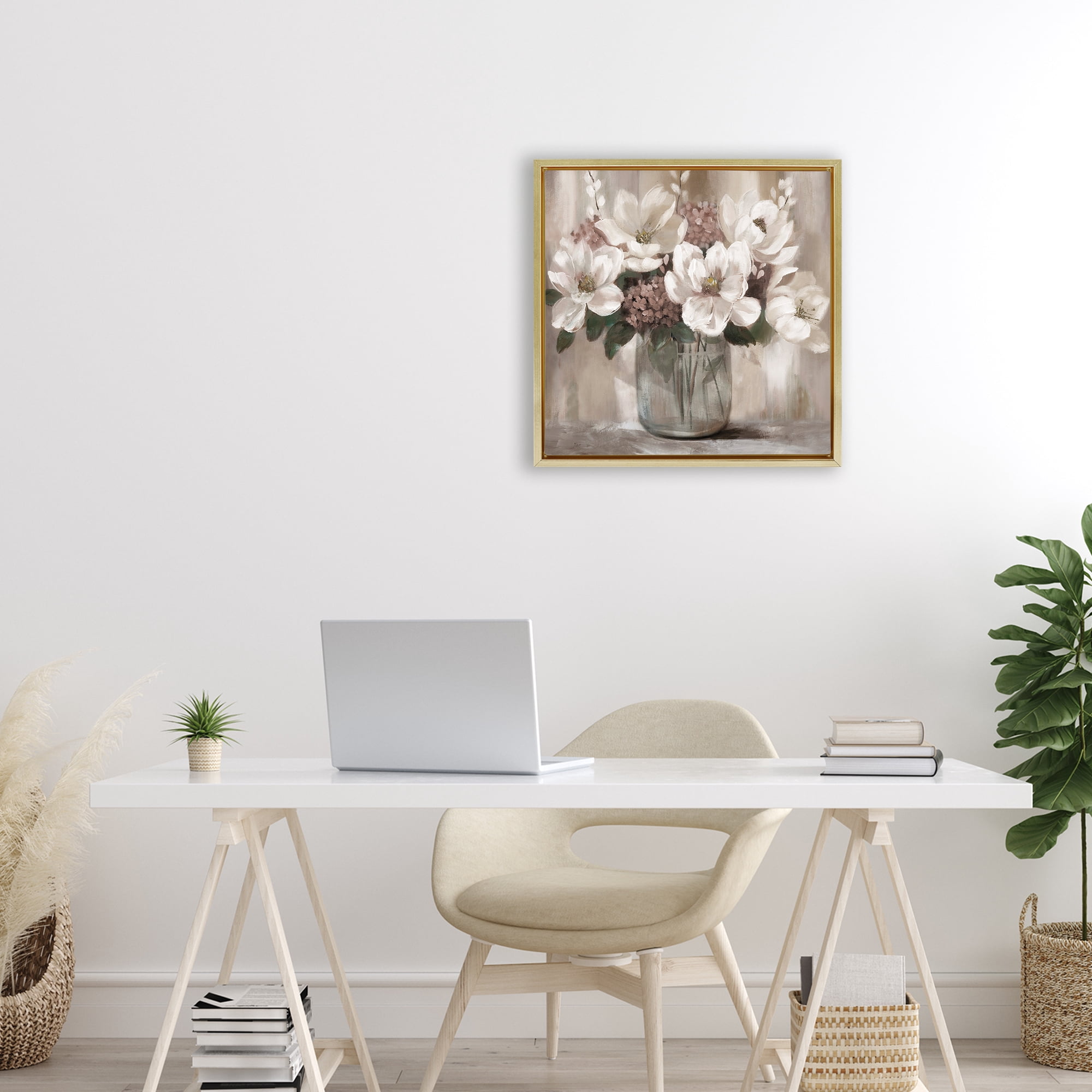 Stupell Industries Ivory Magnolias Vase Gold Framed Floater Canvas Wall Art, design by Nan