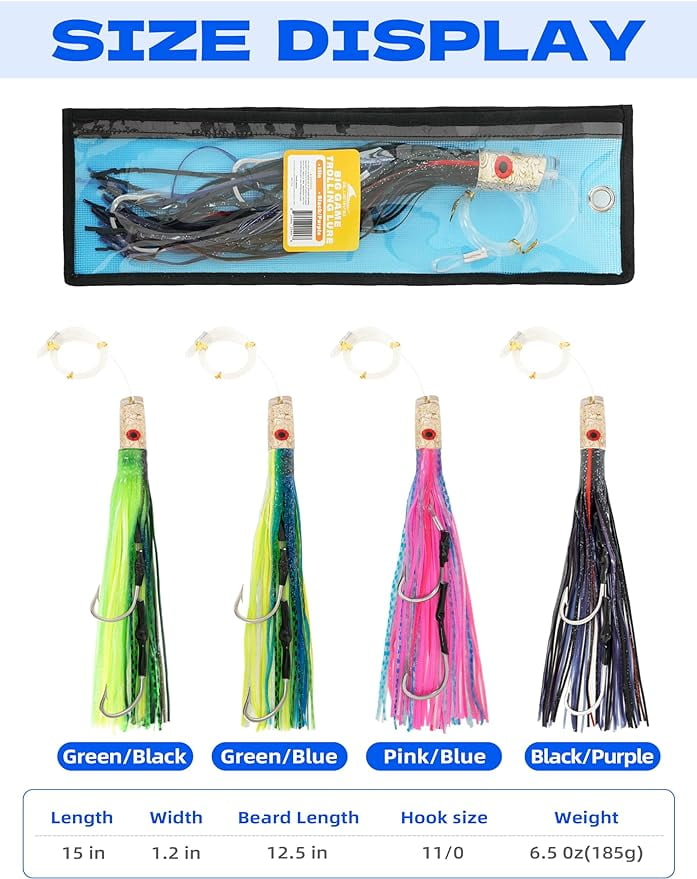 BLUEWING 15in Big Game Trolling Lure with Double Rigged Hookset and 300lb High Strength Fishing Line Saltwater Fishing Lures for Wahoo Tuna Marlin Mahi Mahi Black/Purple