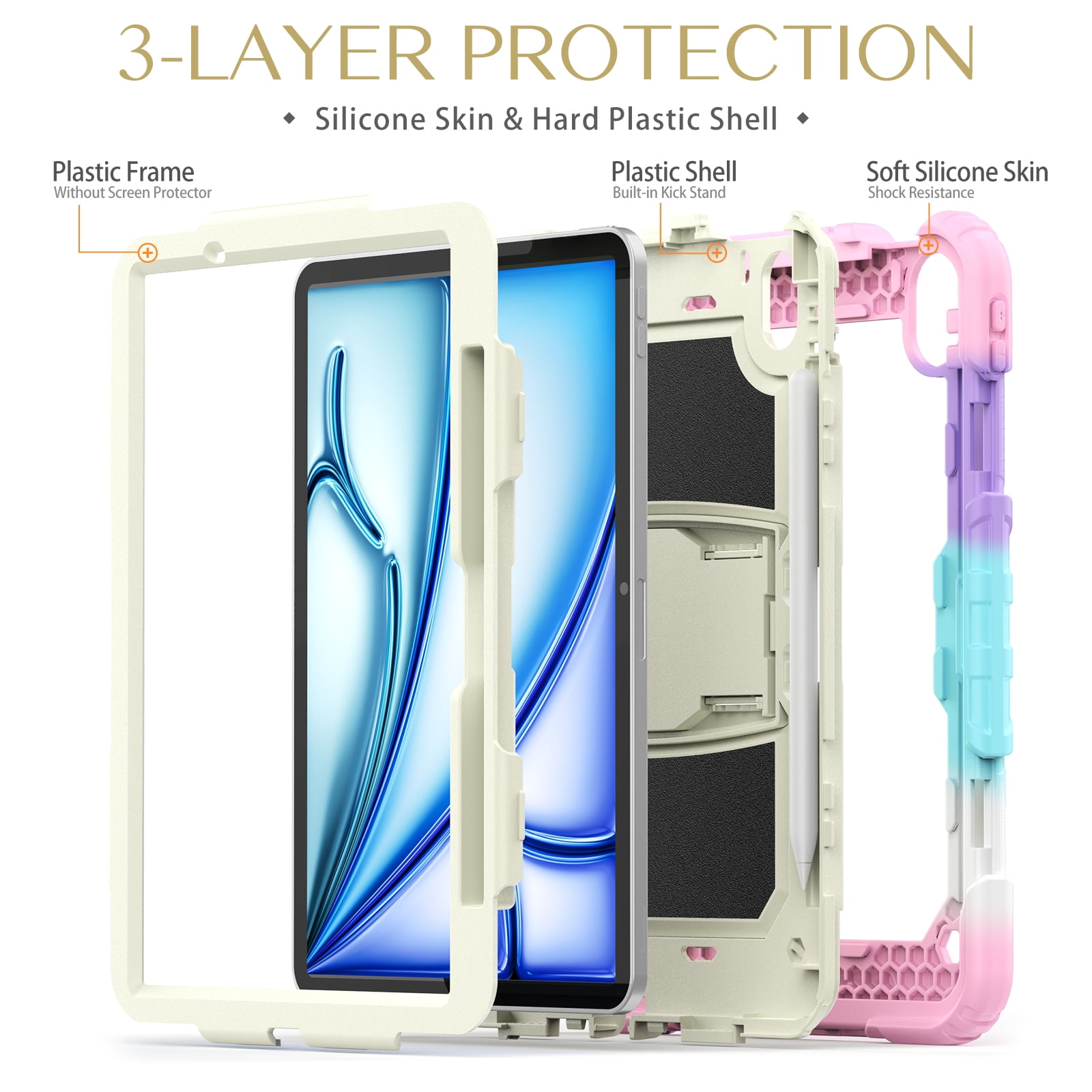 Rugged Case For Apple iPad Air 11 (2024) – 3-Layer Protection Shockproof Stand Cover with Screen Protector, Adjustable Stand, Shoulder Strap, & Pencil Holder -- Colorful Pink