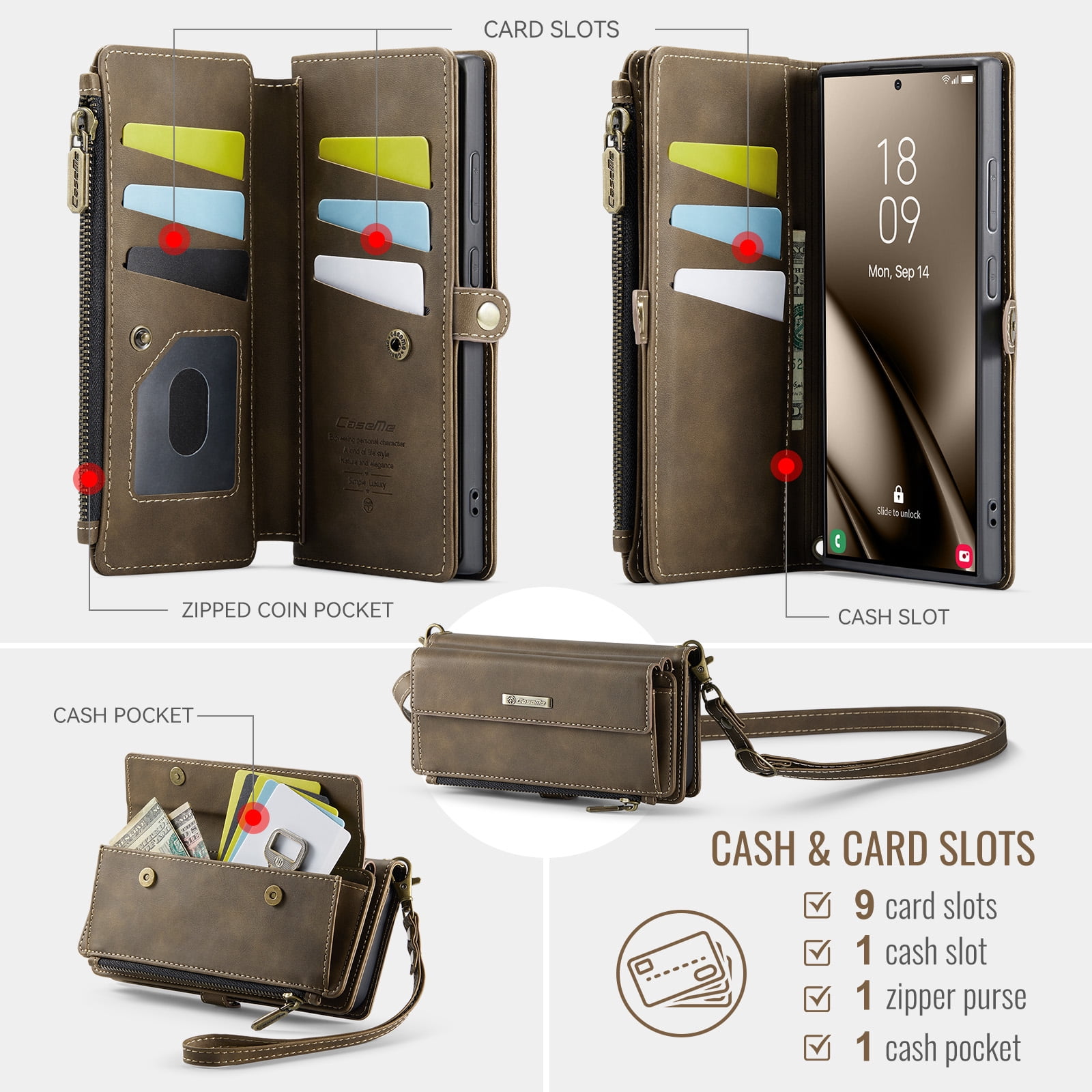 Decase Wallet Case for Samsung Galaxy S25 Ultra,Magnetic Flip Zipper Pocket PU Leather Phone Cover,Crossbody Flip Cover with RFID Card Slots,Coffee