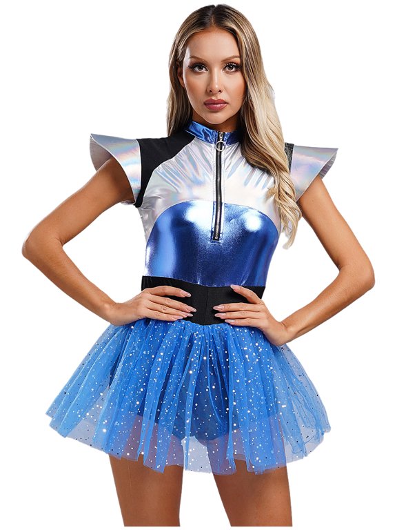 Women's Space Cadet Costume Halloween Alien Cosplay Costume Metallic Shiny Tulle Skirt Rave Blue L