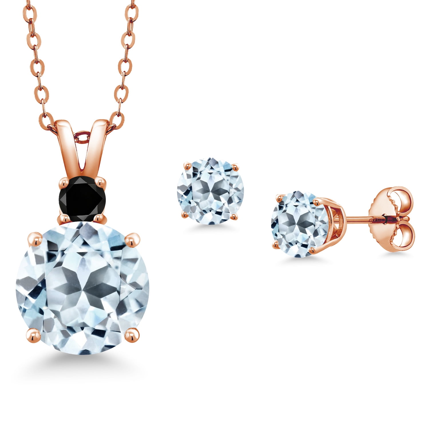 Gem Stone King 18K Rose Gold Plated Silver Round Sky Blue Topaz and Black Diamond Pendant and Earrings Jewelry Set for Women (6.34 Cttw, Gemstone Birthstone, with 18 inch Chain)