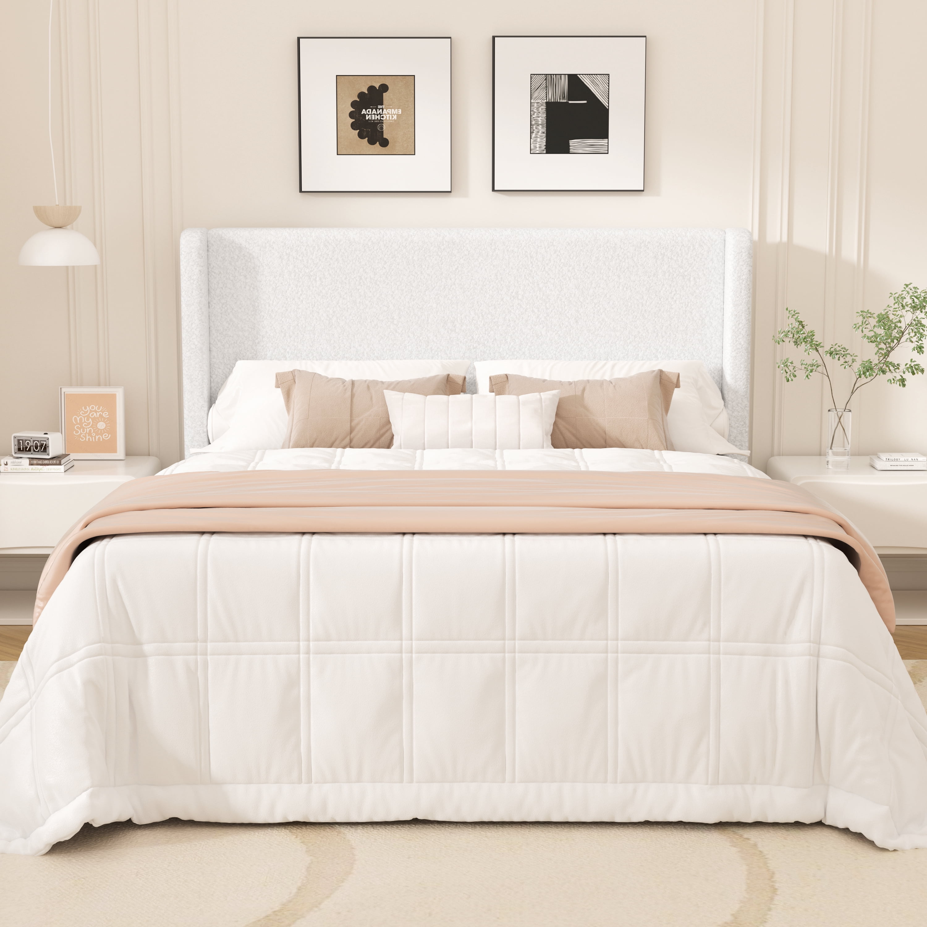 Frostbloom Full Size Boucle Upholstered Platform Bed Frame with Wingback Headboard, White