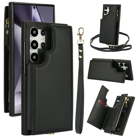 Crossbody Wallet Case for Samsung Galaxy S25 Ultra, RFID Blocking Leather Purse Case with Card Holder, Double Flip-top Designing,Protective Flip Cover with Zipper Wrist Strap & Lanyard,Black