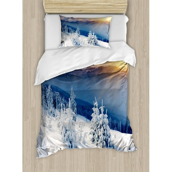 Ambesonne Winter Duvet Cover Set, Tops Dramatic Sky Alpine, Twin, White Blue Apricot