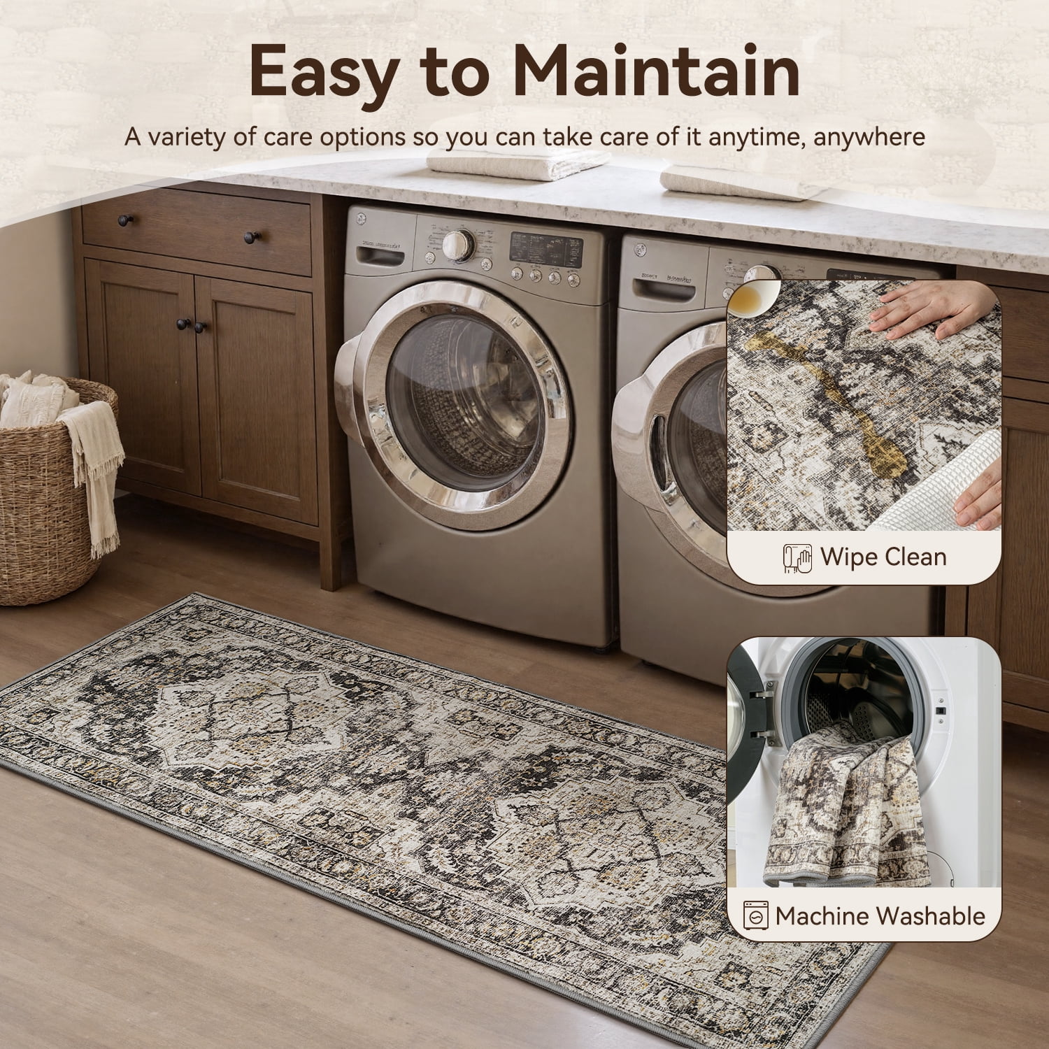 SIXHOME 3-Piece Kitchen Rugs and Runner Set Washable Vintage Kitchen Mat Non-Slip Low-Profile Rugs for Kitchen Sink Laundry Bedside 20"x32"+20"x48"+20"x59" Black