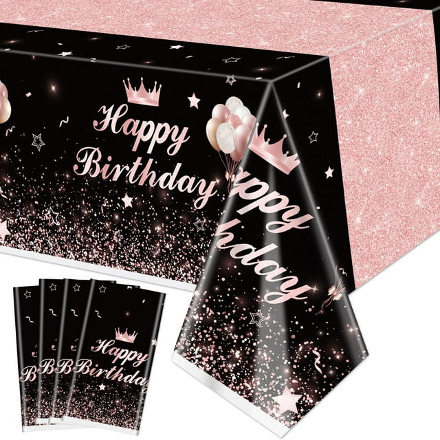4 Pcs Black and Rose Gold Party Tablecloths - Rose Gold Black Birthday Decorations Tablecloth Rectangular Table Covers Birthday Table Decorations for Women Girls Princess, 51 x 86.6 Inch