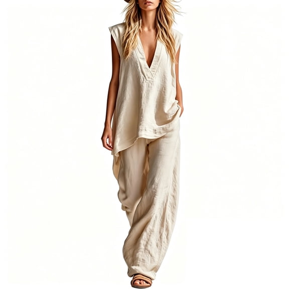 Bosfbaoi Two Piece Sets for Women Linen Blend Modern Fit Outfit Set Deep V-Neck Cap Sleeve Tops Wide Leg Pants Matching Sets Women Clothing
