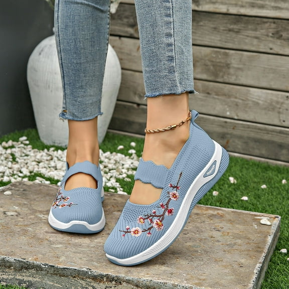 IEMIEMIEM Women's Soft Sole Mesh Shoes Breathable Slip On Orthopedic Tennis Shoes Floral Print Dressy Mary Jane Loafers Walking, Nurse Shoes Arch Support Sneakers Light Blue 10 Wide
