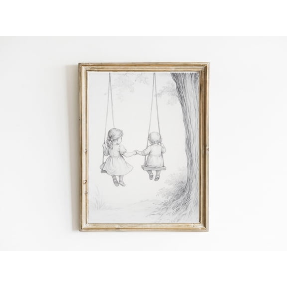 Children On Swing Wall Art | Farmhouse Nursery Poster | Minimal Pencil Sketch, Unframed Poster Size 8x12