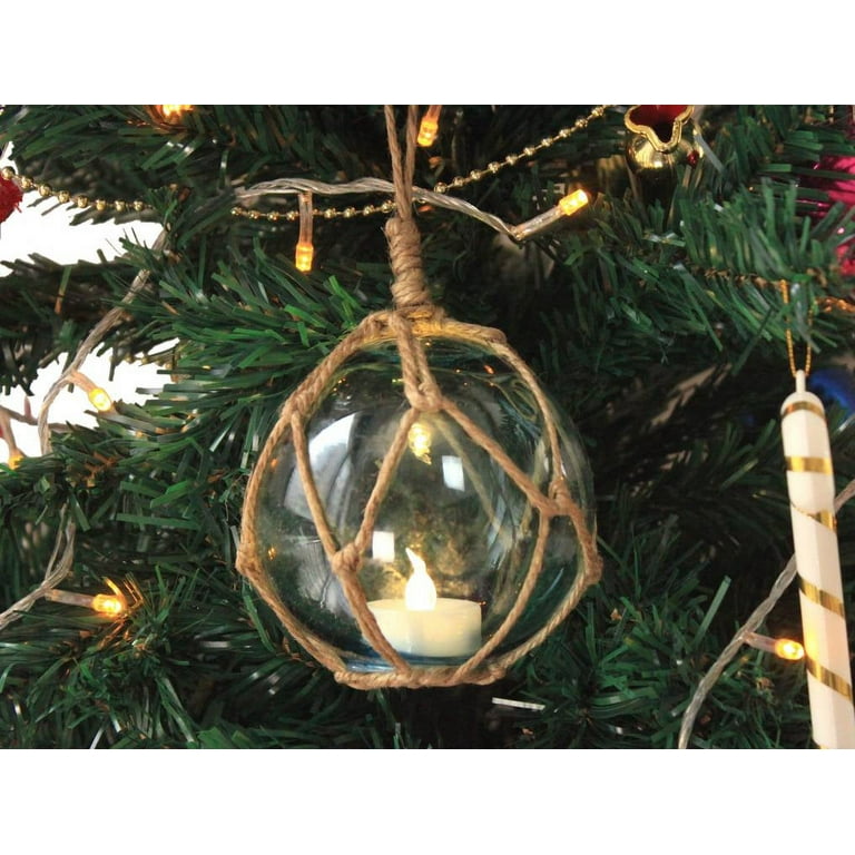 LED Lighted Clear Japanese Glass Ball Fishing Float with Brown Netting Christmas Tree Ornament 3 - 3 L x 3 W x 3 H