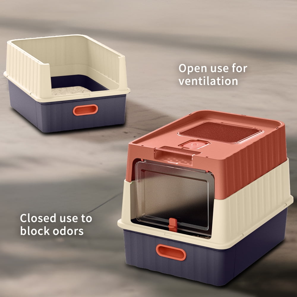 Cat Litter Box + Mat, Drawer-Style Enclosed Large Odor-Control Kitty Toilet with Pull-Out Tray, for Kittens, Big Cats & Multi-Cat Homes, Red