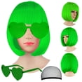 thumbnail image 1 of LIULIUBTY Pelucas de pelo corto Bob rectas con flequillo plano sintético colorido Cosplay fiesta diaria peluca de neón para mujeres con gorro de peluca 12 pulgadas natural como real (verde brillante), 1 of 5