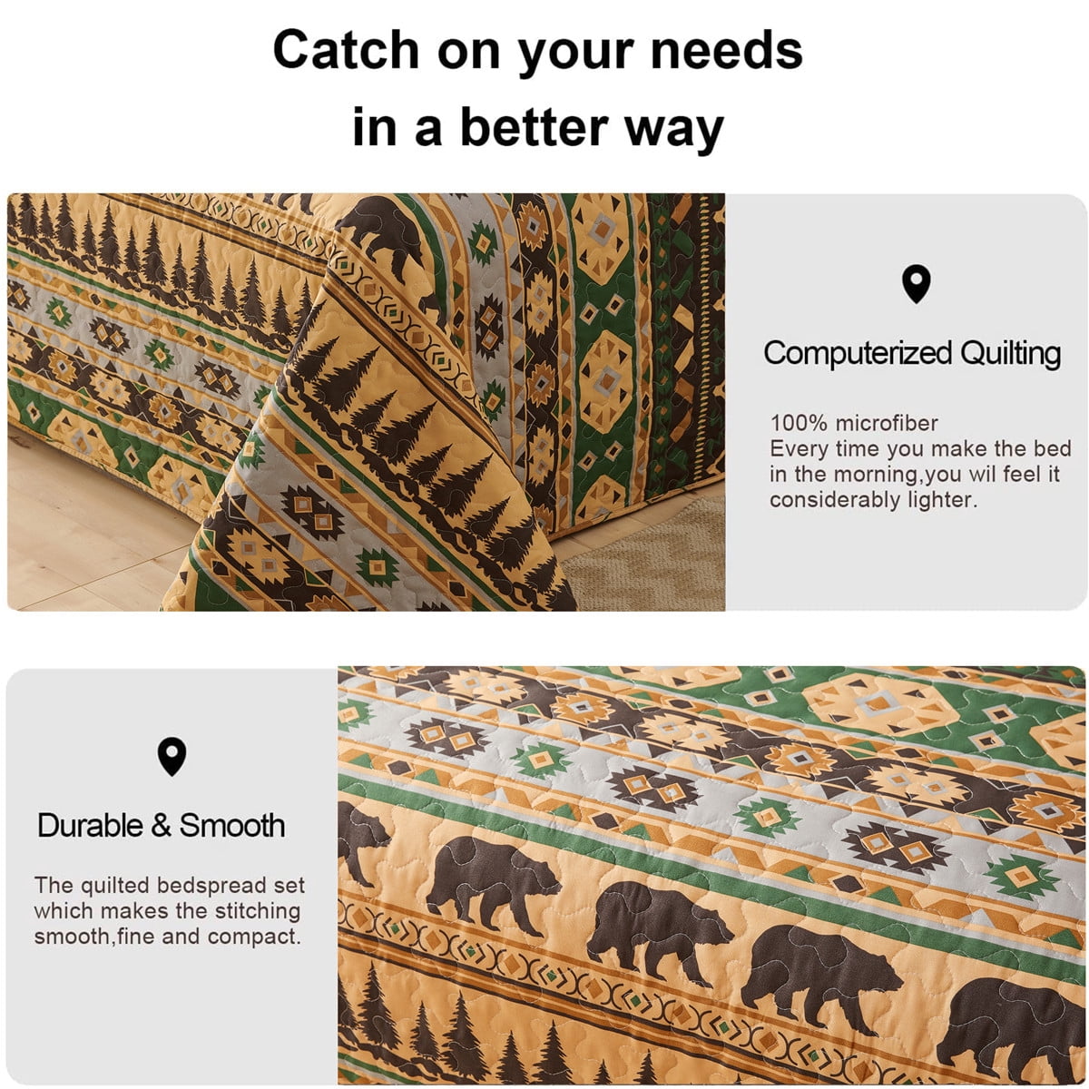 Beartech Quilt Set Queen Size Rustic Forest Bear Pattern Quilt Lightweight Reversible Microfiber Bedspread Coverlet Bedding Set