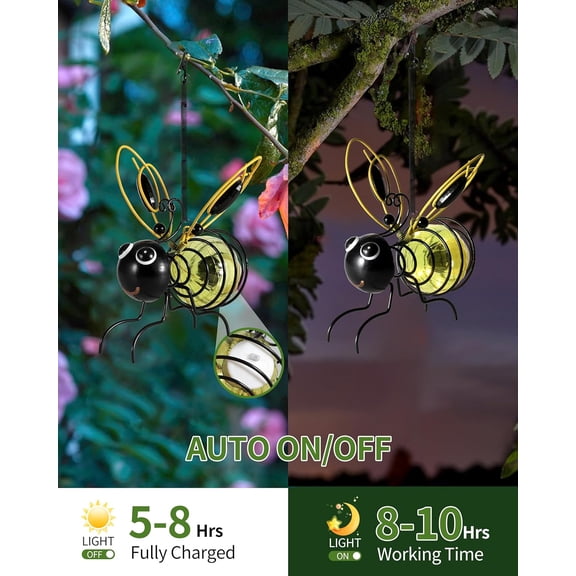 FJSHN-Solar-Powered Hanging Bee Light - Metal LED Outside Bugs with Bouncy Springs - Solar Fairy Lights for Outside Garden Decor Backyard Balcony Porch Spring Decoration (Yellow)