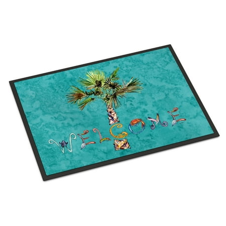 Welcome Palm Tree on Teal Door Mat