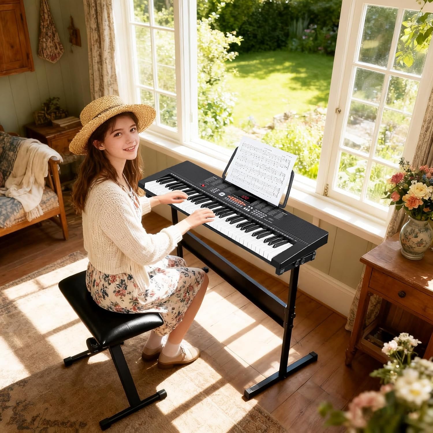 61-Key Portable Electric Keyboard Piano with Built In Speakers, LED Screen, Headphones, Microphone, Piano Stand,  Sheet Stand and Stool