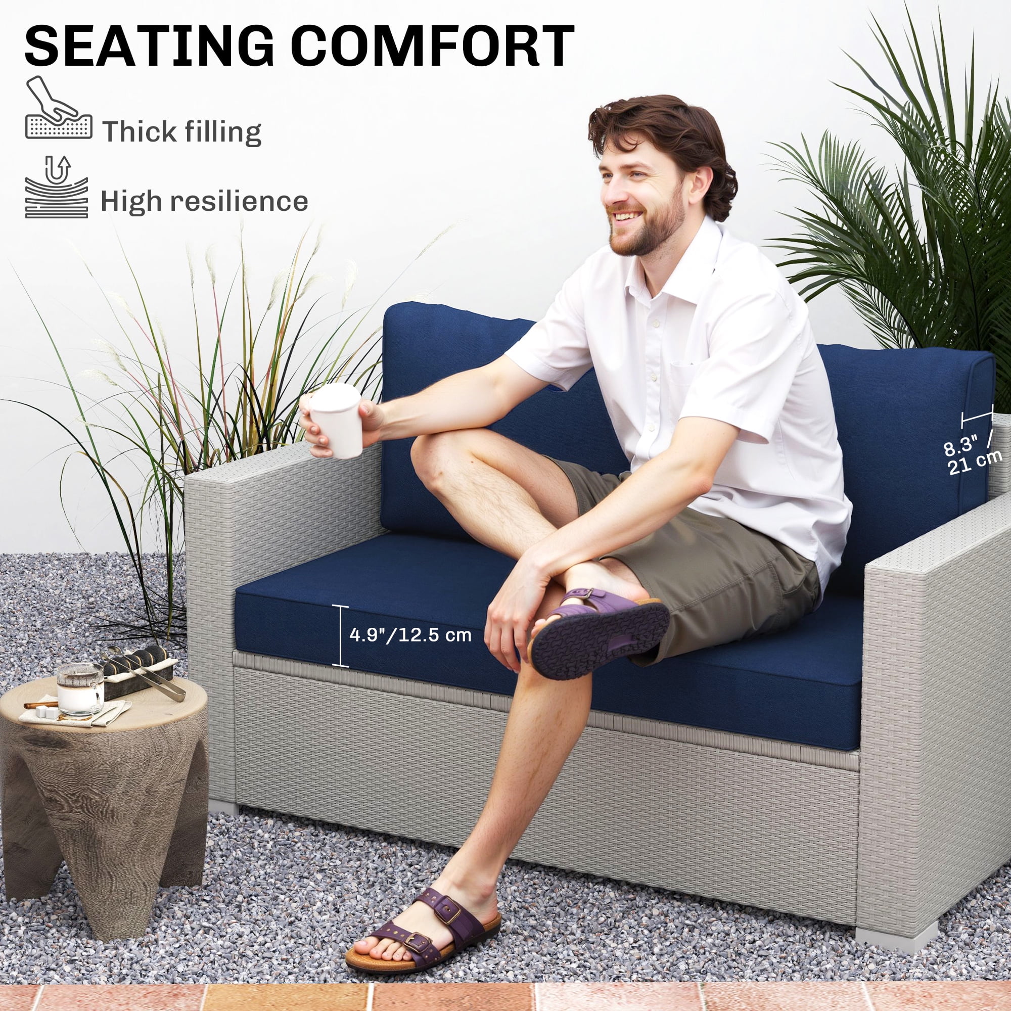 Outsunny 2 Seater Patio Furniture Cushions, 5 in Outdoor Loveseat Cushions with Removable Cover, Replacement Cushions for Outdoor Furniture, Navy Blue