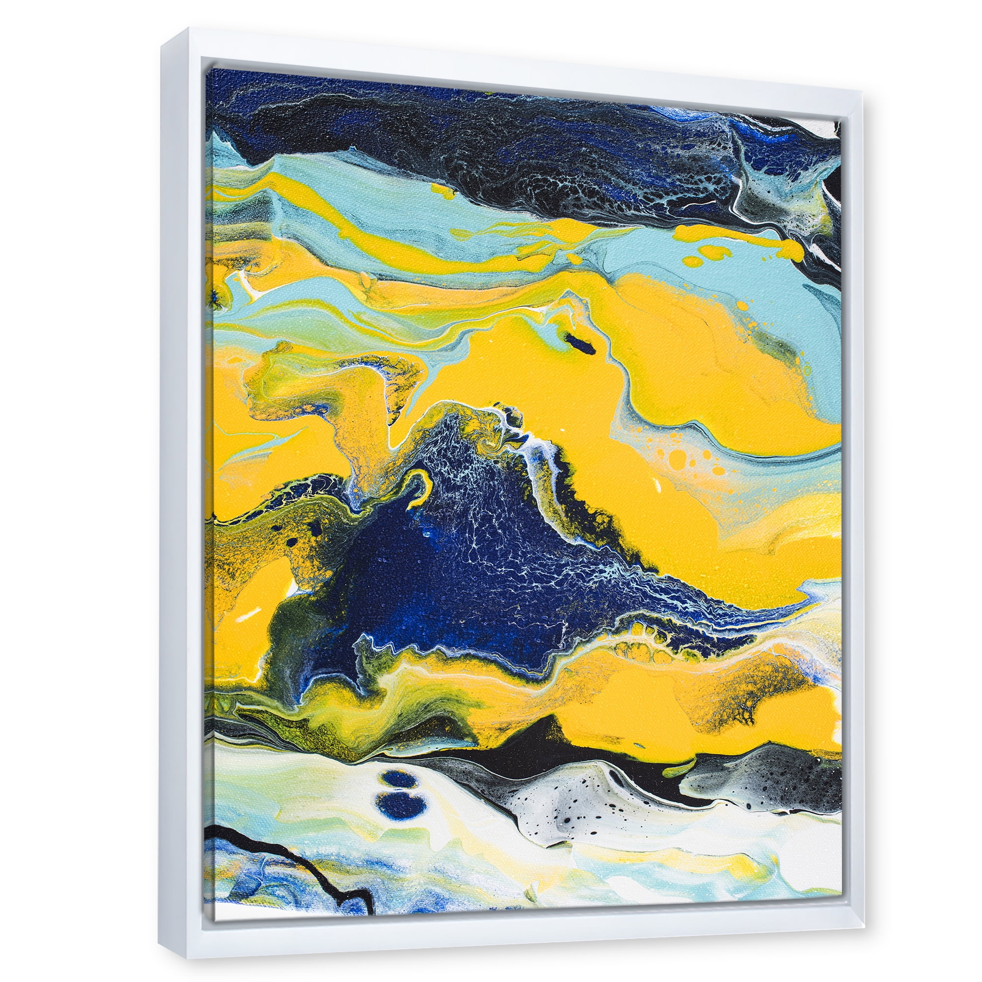Designart 'Abstract Marble Composition In Blue and Yellow I' Modern Framed Canvas Wall Art Print