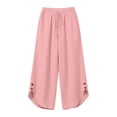 thumbnail image 6 of Women's Summer Wide Leg Linen Capris Drawstring Elastic Waist Loose Fitting Breathable Asymmetrical Hem Cropped Trousers S, 6 of 6
