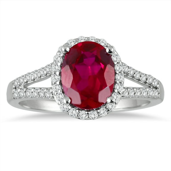 SZUL Women's Split Shank Ruby and Diamond Halo Ring in 14K White Gold