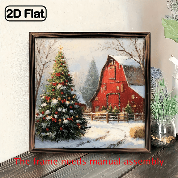 2D Flat, 1pc Rustic Christmas Wooden Wall Art Sign - Farmhouse Barn Christmas Tree Painting with Snowflakes, 8x8 inch Recycled Wood Framed Winter Decor for Home, Kitchen, Bedroom, Cafe - Perfect H