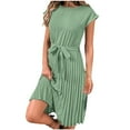 thumbnail image 4 of yillto Elegant Dresses for Women Short Sleeve Drawstring Midi A-Line Dresses Trendy Casual Crew Neck Dresses, 4 of 4