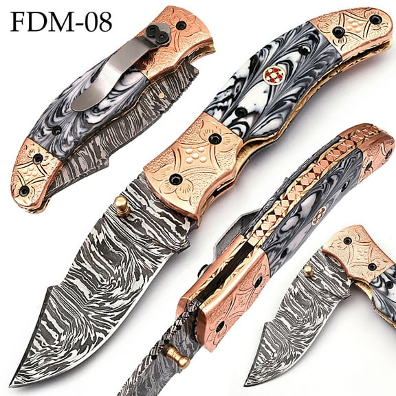 White Deer Executive Black & White Marble Series Damascus Folding Knife Brass & Copper File work
