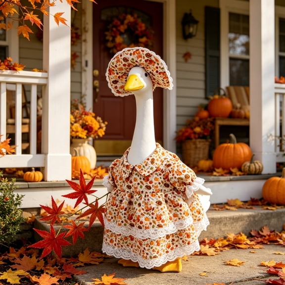 RUINIXCW Fall Thanksgiving Porch Goose Outfit for 23 inch Cement Plastic Goose Statue Accessories Garden Porch Goose Clothes Fox Print Dress Maple Leaves Set Yard Patio Lawn Decor (No Goose)