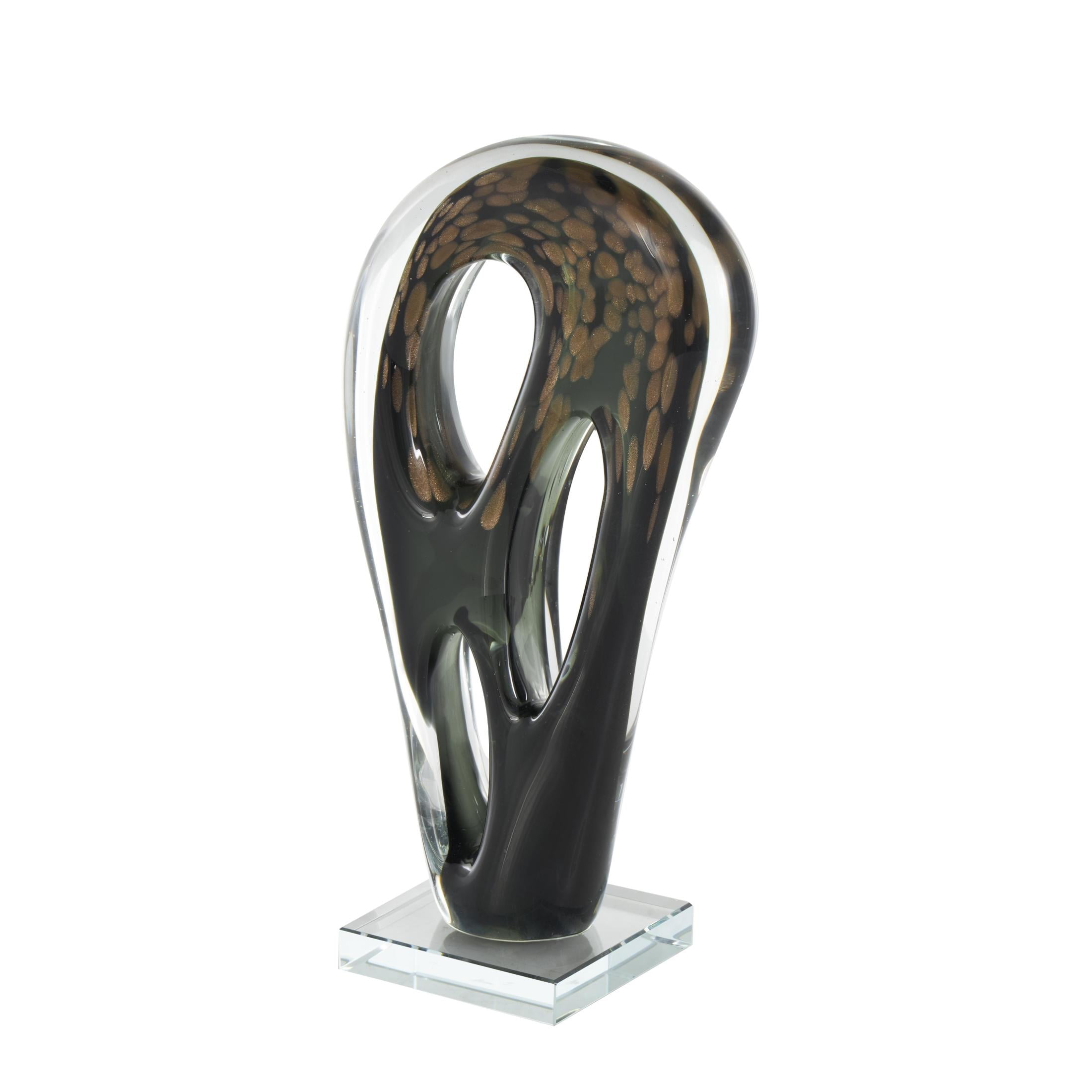 7" x 13" Black Glass Curved Cutout Abstract Sculpture with Gold Spotted Accents, by DecMode