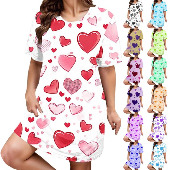 WHEANG Nightgowns for Women Plus Size Heart Print Summer Dresses Crew Neck Short Sleeve Stretchy Loose Sleep Dress Soft Casual Loungewear Sleepshirt Oversized Midi Pajama Dress XL Blue