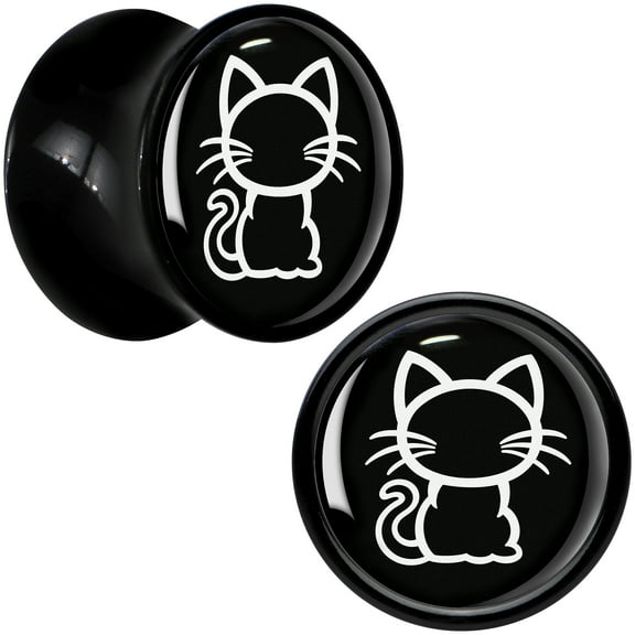 Body Candy 00 Gauge Black and White Kitty Cat Black Acrylic Saddle Plug Set of 2pc