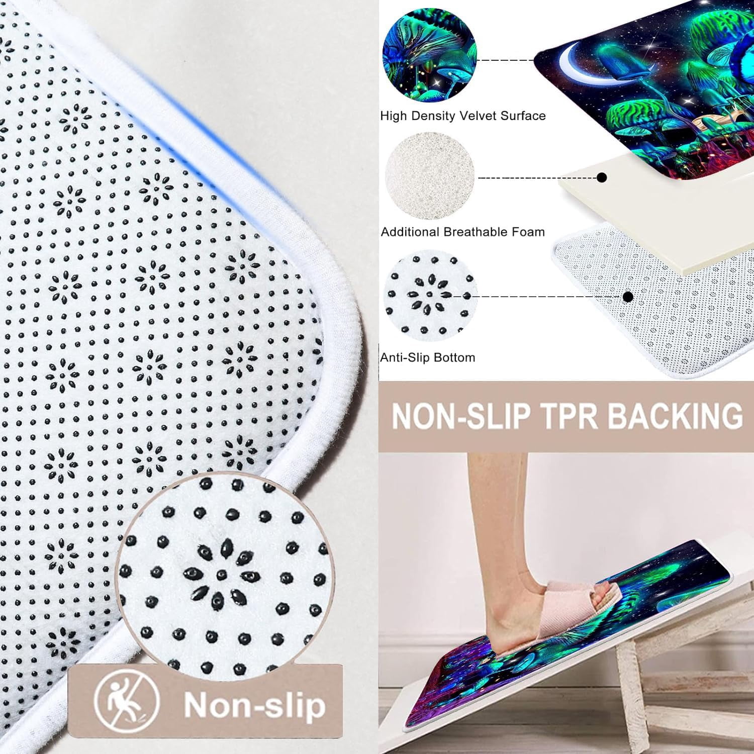 4PCS Mushroom Bathroom Shower Curtain Set with Rugs, Toilet Lid Cover and Bath Mat, Moon and Stars with 12 Hooks, Durable Bathroom Decor Set 701.9x70.9in