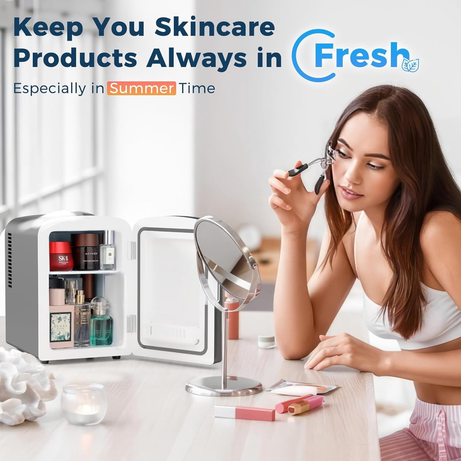 FREE VILLAGE 4 Liters/6 Cans Compact Refrigerator,Portable Mini Fridge Makeup & Skin Care for Bedroom,Car,Office & Dorm,Small Cooler for Cosmetics,Magnetic Brushed Stainless Steel Door,White