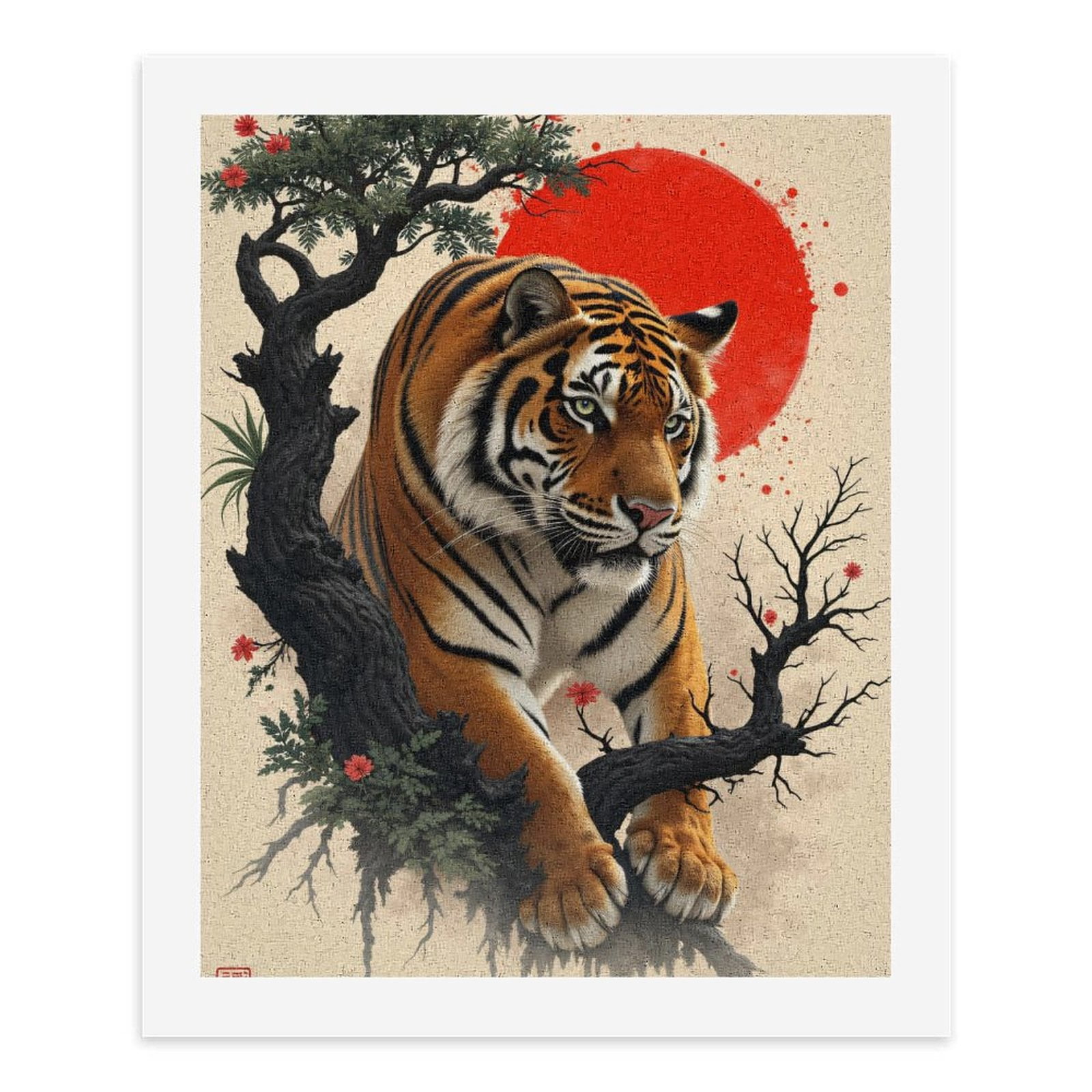 Paint By Numbers Kit for Adults Beginner - DIY Tiger Art Japanese Ink Sun Blossom Canvas Painting Kits for Adults, Frameless Paint By Number for Adults for Home Wall Decor 16x20 Inch