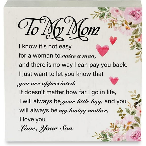 Wood Box Sign 5x5 Inch Floral Mom I Love You Wood Box Sign Mom Gift From Son Wooden Box Sign Decorative Sign Block Plaque For Home Bedroom Desk Table Shelf Decor Gift For Women Men