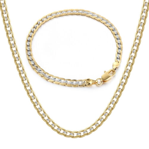 4MM Diamond-Cut Curb Cuban Necklace Bracelet Set Gold Filled WOMEN MEN 8'+ 20'