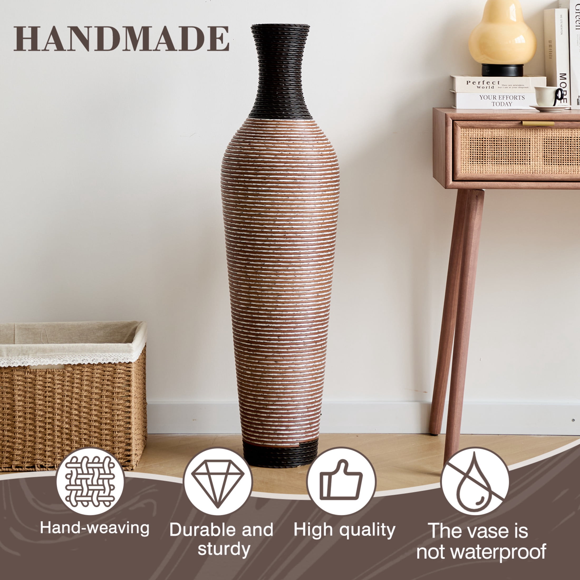 Noble House 39.37" Tall Handcrafted PVC Floor Vase, Modern Textured Decorative Vase, Black + Brown