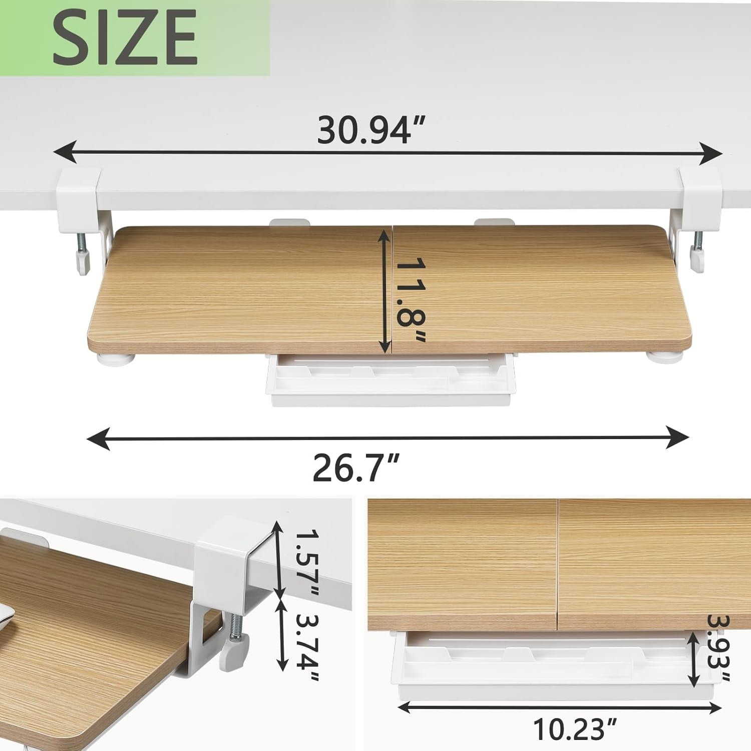 Keyboard Tray Under Desk, 26.77" X 11.81" Large Size Keyboard Tray with C Clamp-on Mount Easy to Install, Computer Keyboard Stand, Ergonomic Keyboard Tray for Home and Office (Oak)