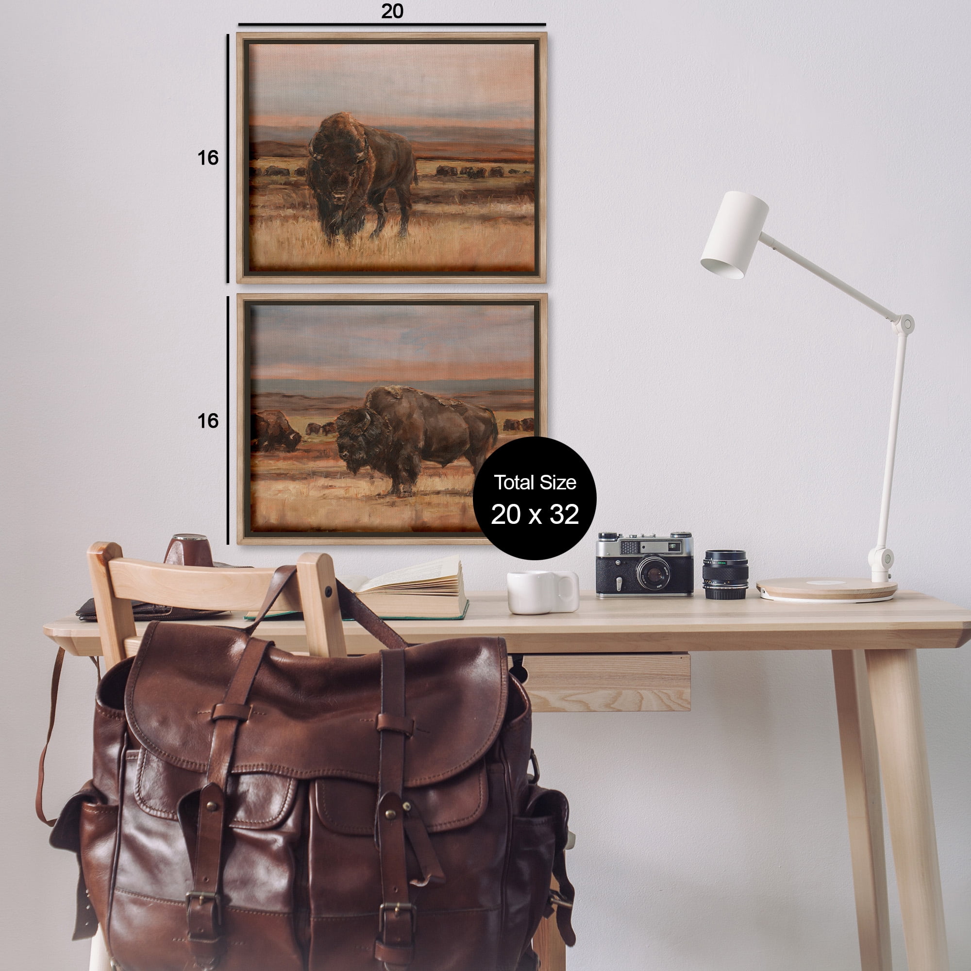 Stupell Industries Scattered Bison & Farmland Animals & Insects Painting Brown Floater Framed Canvas Art Print Wall Art, 21 x 17, Set of 2