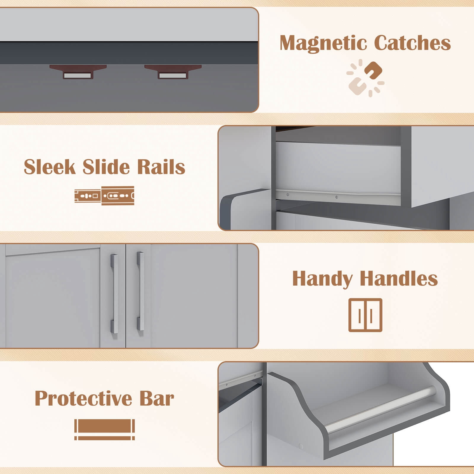 Costway Kitchen Island 44" Rolling Kitchen Cart with Drawer Adjustable Shelf Spice Rack Gray