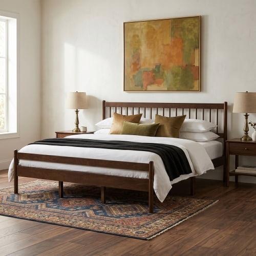 Traditional King Size Pinewood Bed with Headboard and Footboard, Walnut Finish, Strengthened Bed Frame