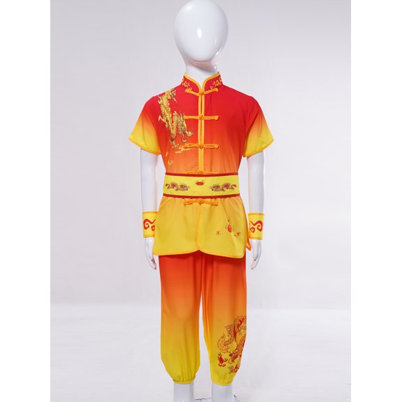 Miutii Kids Unisex Kung Fu Wing Chun Suit Traditional Tai Chi Uniforms Dragon Print Wing Chun Costume Red&Yellow 160