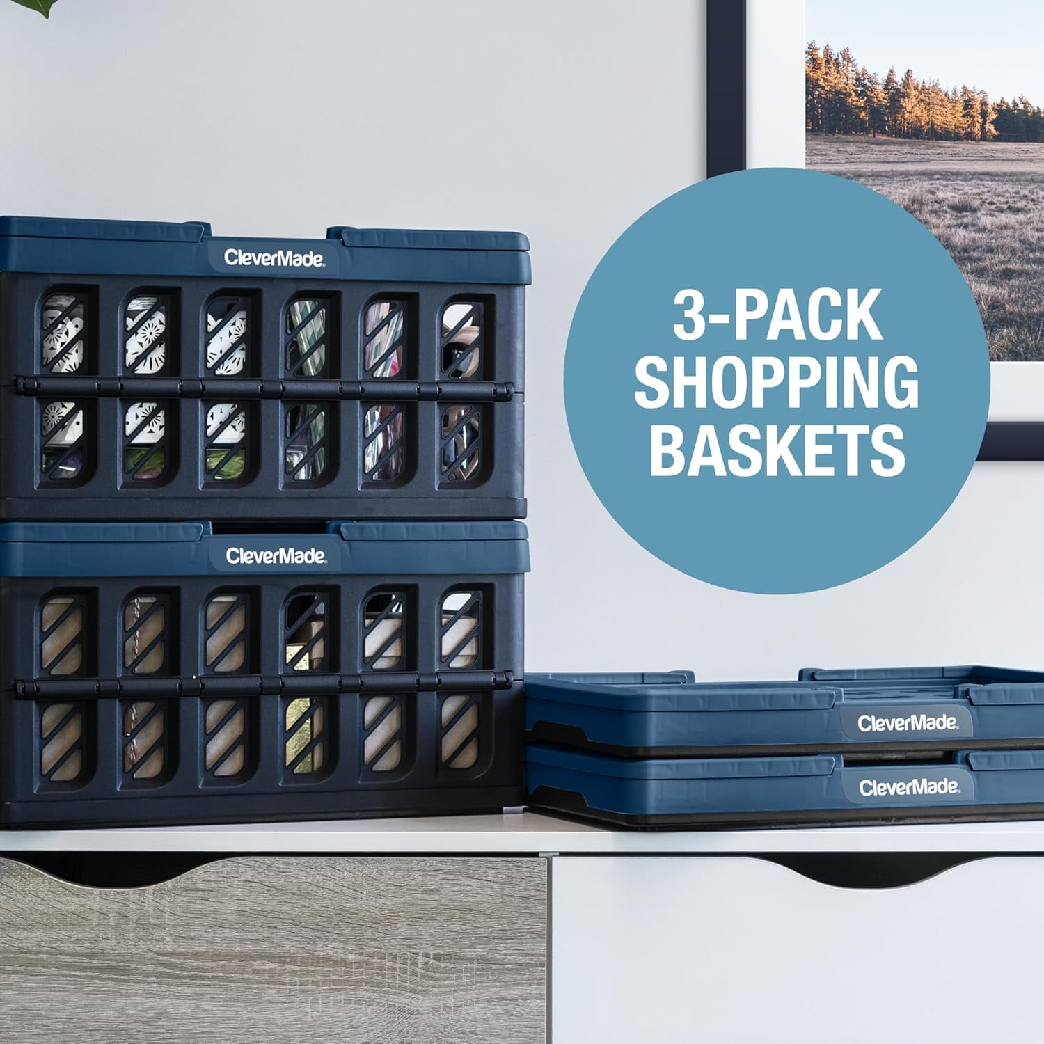 CleverMade 24L Collapsible Shopping Basket with Handles, Obsidian, 3 Pack