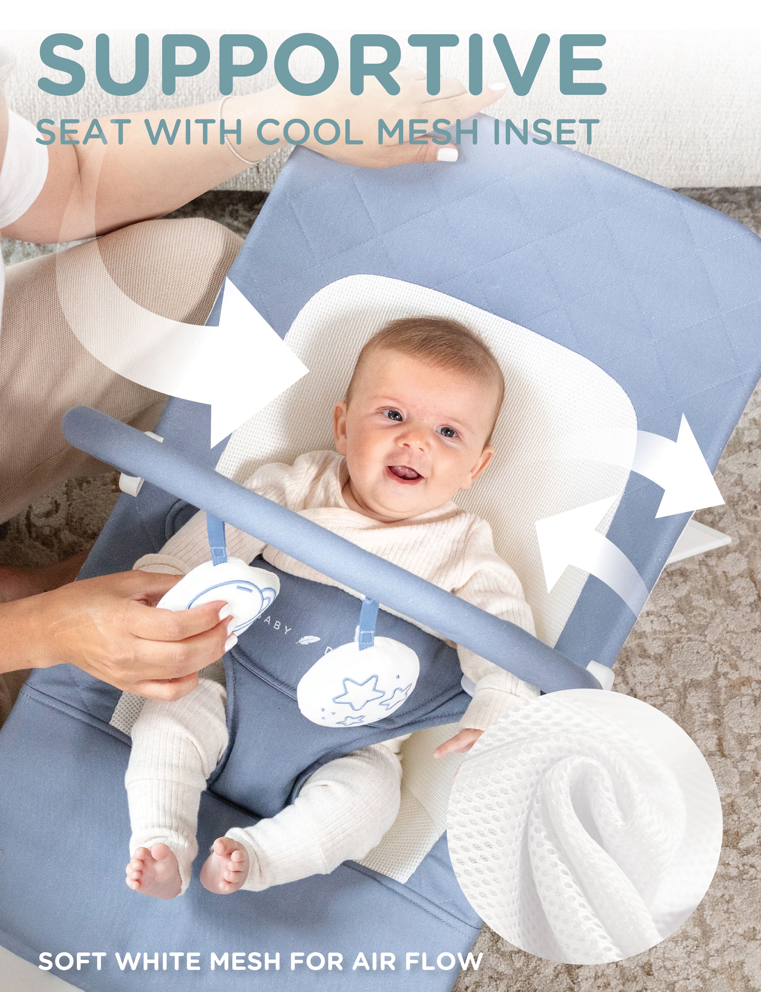 Baby Delight Alpine Organic Deluxe Portable Bouncer, for Infants 0-6 Months, Organic Dusty Blue