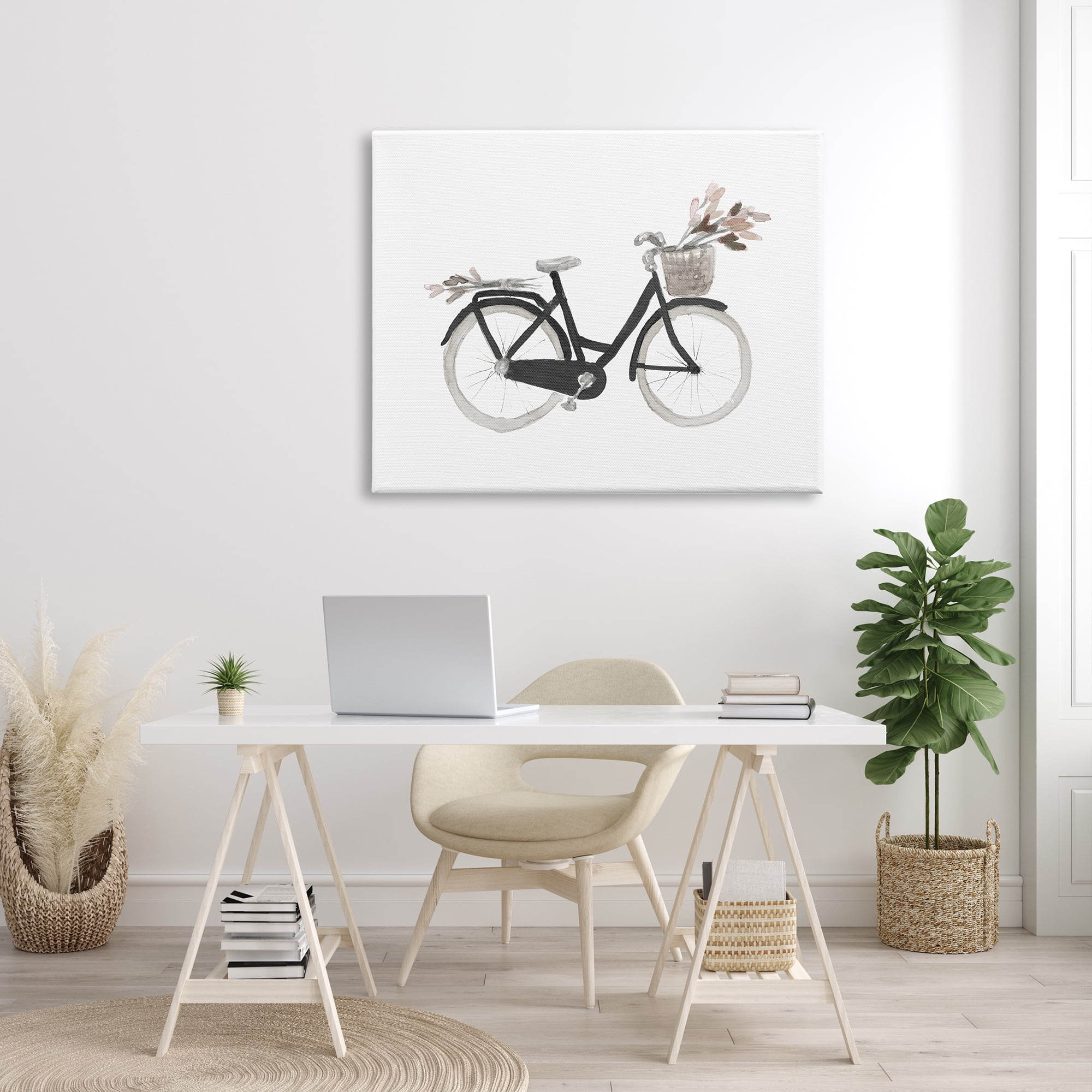 Stupell Industries Spring Floral Bicycle Basket Minimal over White Transportation Painting Gallery Wrapped Canvas Print Wall Art, 36 x 48